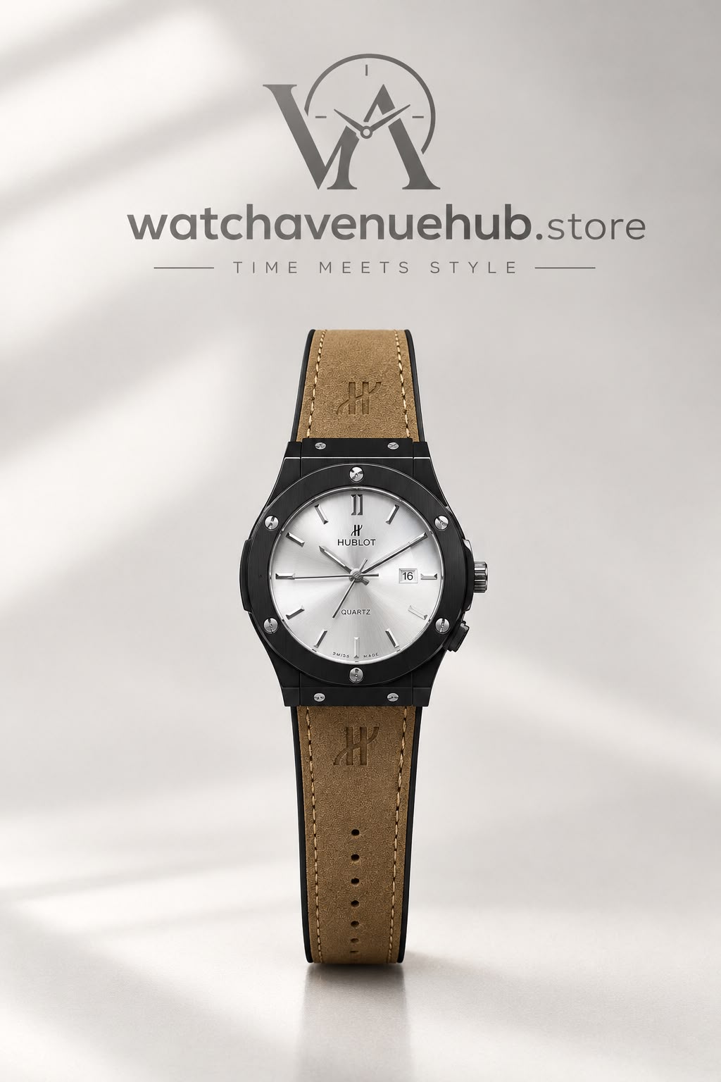 H Royal Fusion Black & Silver Leather Watch