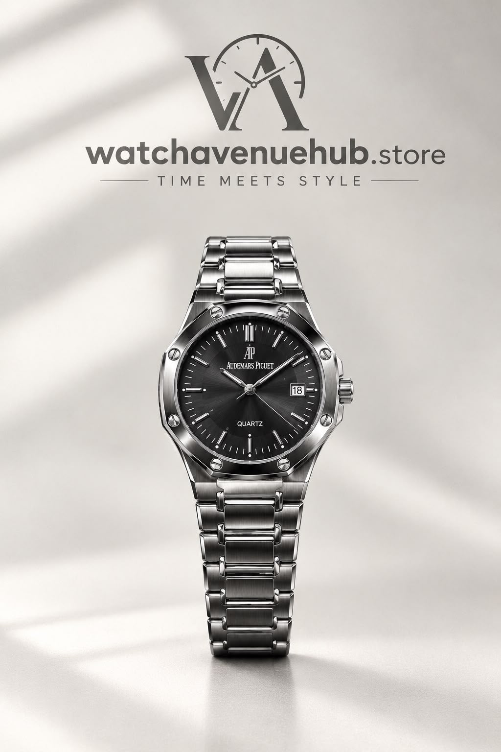 AP Luxury Silver Stainless Steel Black Dial Quartz Watch